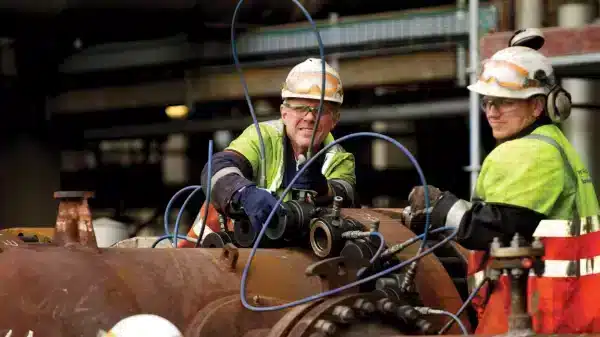 Two industrial workers in full safety gear, including hard hats and ear protection, collaboratively working on heavy machinery using specialized Safety Tools, underscoring the importance of non-sparking safety tools in team-based industrial maintenance and repair.