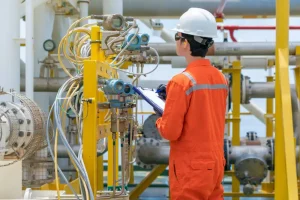 Industrial worker in orange overalls and a white hard hat inspecting complex piping and valves in a plant, representing a typical environment requiring certified non-sparking safety tools for maintenance and inspection.